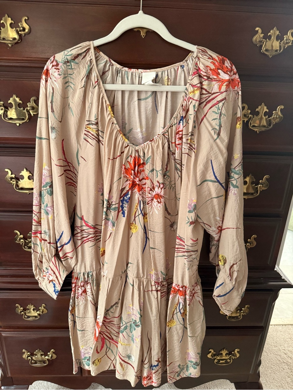 H&M Beige Floral Long-Sleeve Peasant Dress